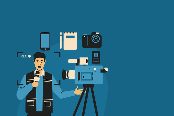 A cartoon image of a reporter in front of a camera, surrounded by tools of the trade